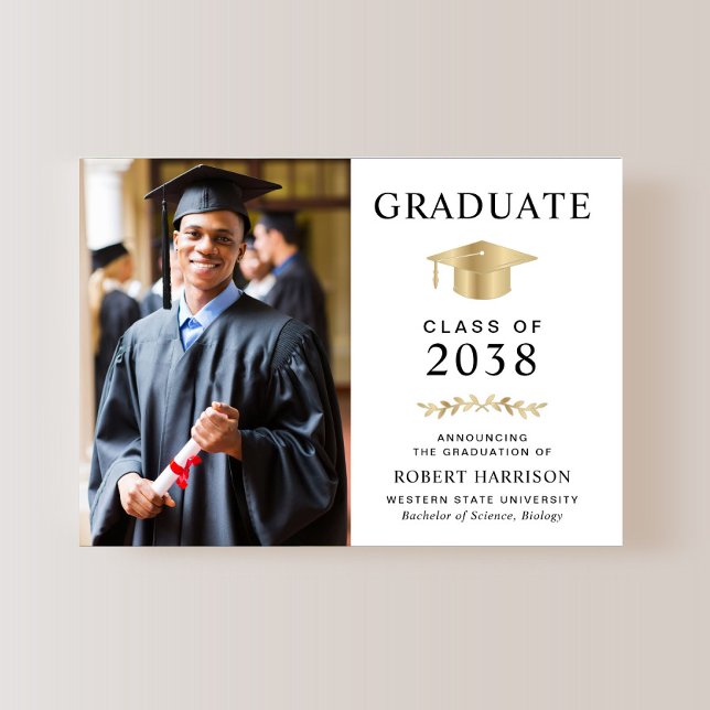 Elegant Photo Gold Grad Cap College Graduation Announcement (An elegant college graduation announcement to celebrate the graduate's achievements)