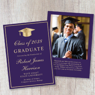 Elegant Photo Gold Grad Cap Purple Graduation Announcement