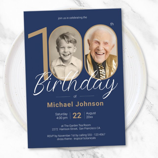 Elegant Photo Gold Navy Blue 100th Birthday Invitation (Elegant Photo Gold Navy Blue 100th Birthday Invitation)