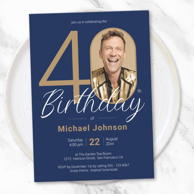 Elegant Photo Gold Navy Blue 40th Birthday Invitation (Elegant Photo Gold Navy Blue 40th Birthday Invitation)