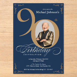 Elegant Photo Gold Navy Blue 90th Birthday Acrylic Invitations