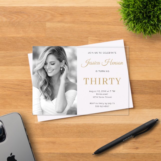 Elegant Photo Gold Script Minimal 30th Birthday Acrylic Invitations (Insitu (Invitation Card))