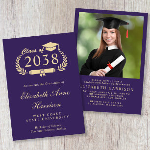 Elegant Photo Gold Script Purple Graduation Party Invitation