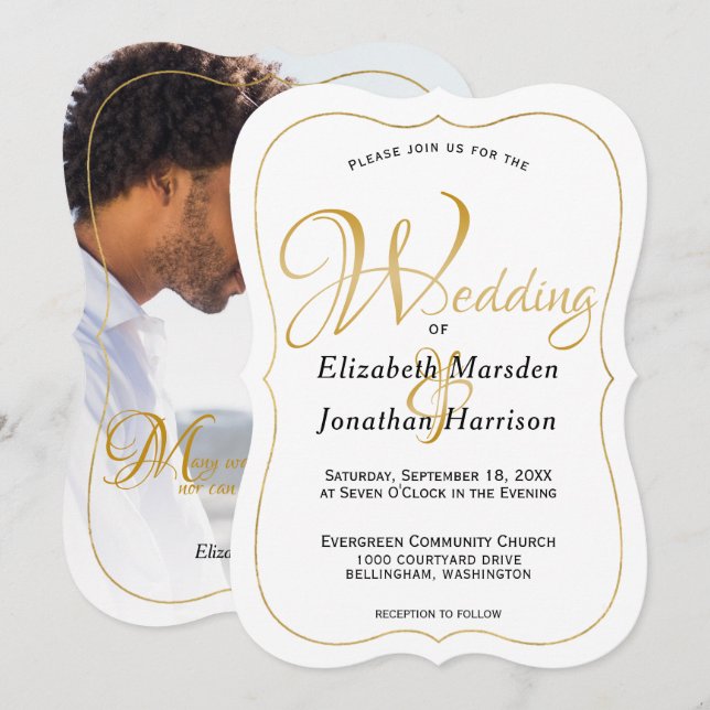 Elegant Photo Gold Script Religious Wedding Invitation (Front/Back)