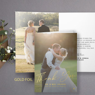 Elegant photo gold script thank you wedding foil greeting card