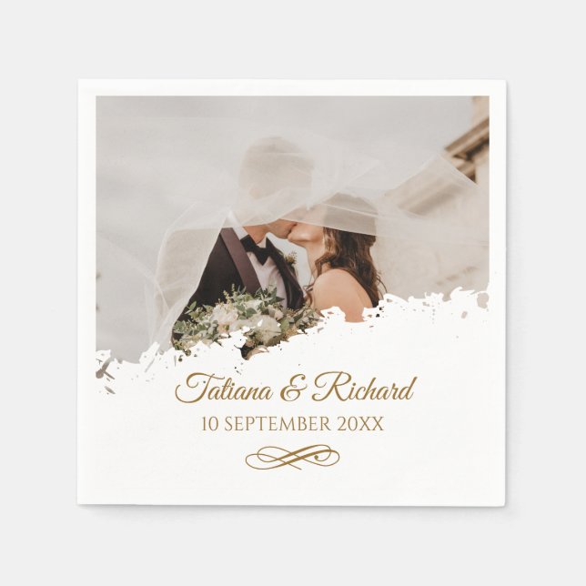 Elegant Photo Gold Script Wedding Napkins (Front)