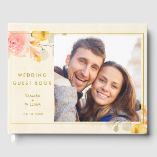 Elegant Photo Gold Watercolor Floral Wedding Guest Book