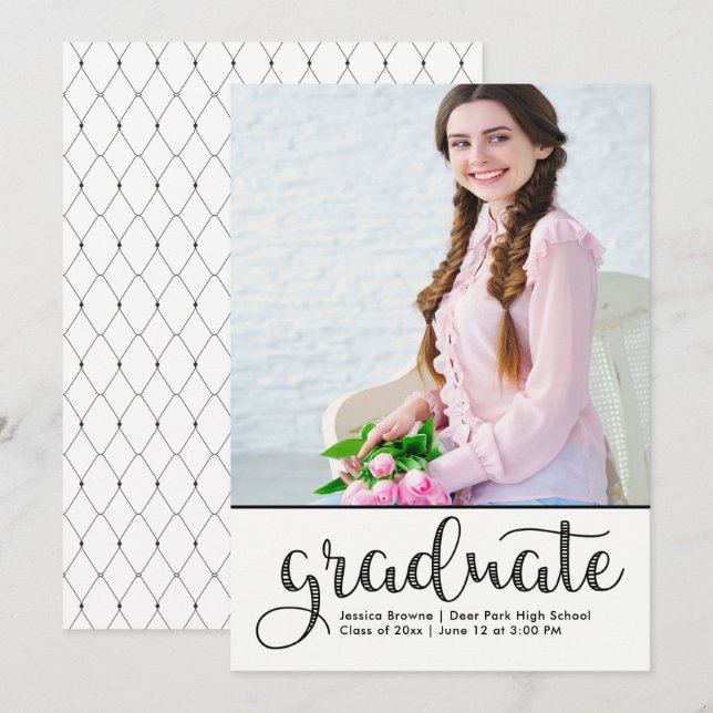 Elegant Photo Graduation Announcement Black White (Front/Back)