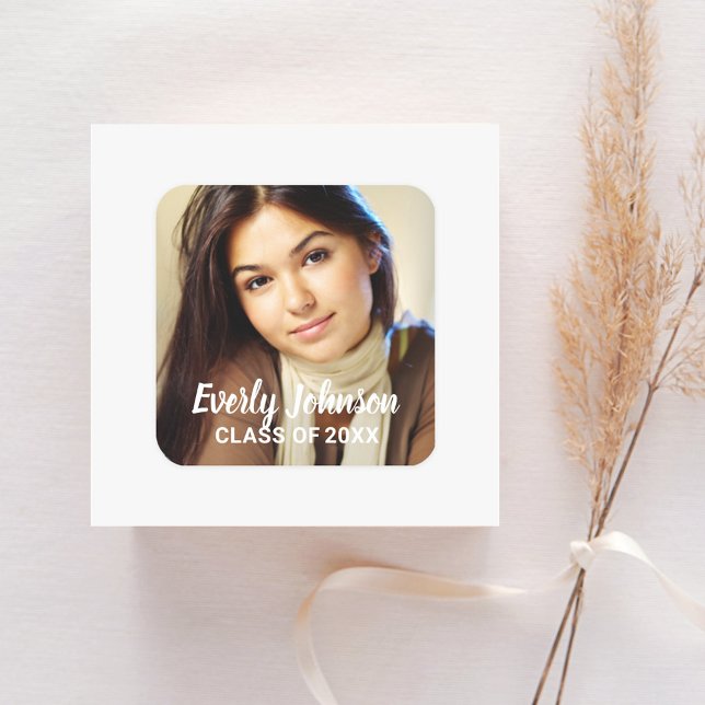 Elegant Photo Graduation Name Script Square Sticker (Creator Uploaded)