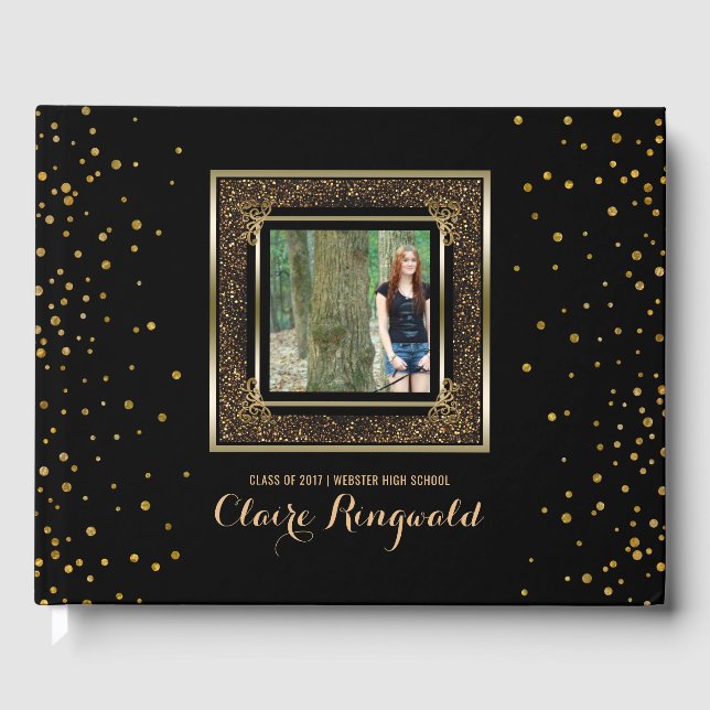 Elegant Photo Graduation Party | Glam Gold Glitter Guest Book (Front)