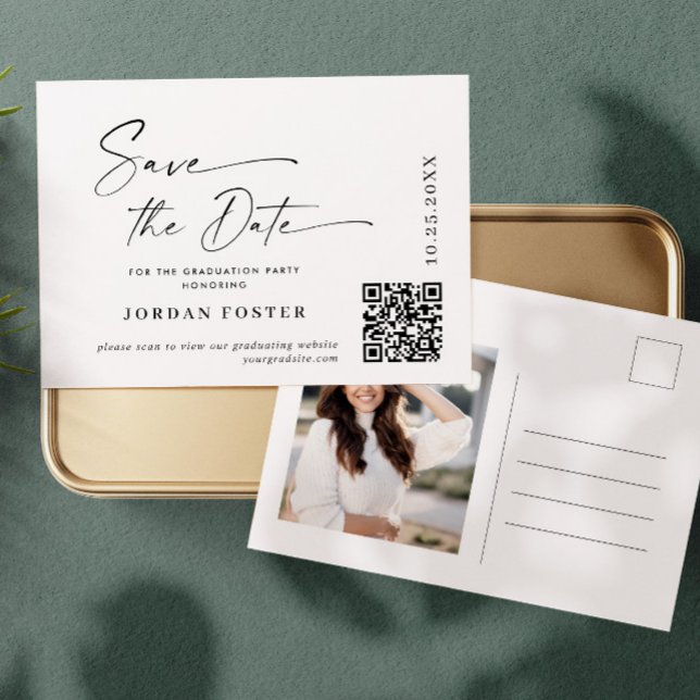 Elegant Photo Graduation Save the Date QR code Postcard (Creator Uploaded)