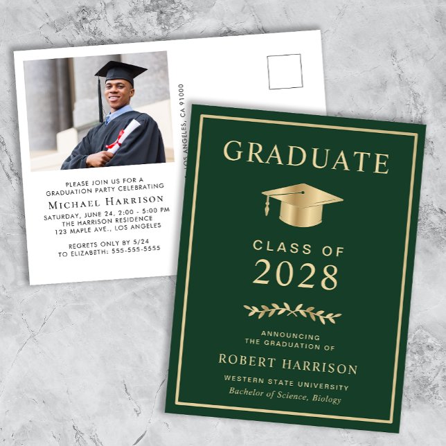Elegant Photo Green College Graduation Party Invitation Postcard (Creator Uploaded)