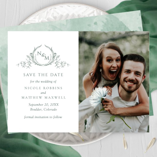 Elegant Photo Green Monogram Wedding Save The Date (Creator Uploaded)