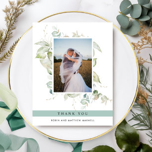 Elegant Photo Greenery Wedding, Green Thank You Card