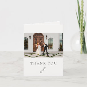 Elegant Photo Grey Script Monogram Wedding Thank You Card