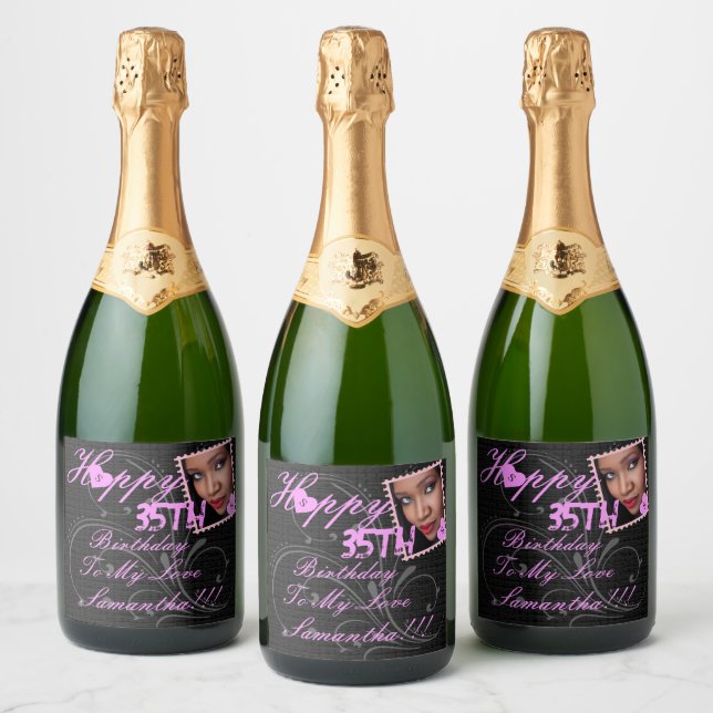 Elegant Photo Happy 35th Birthday Pink Black Sparkling Wine Label (Bottles)