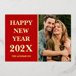 Elegant Photo Happy New Year 2025 Red Gold Foil Holiday Card