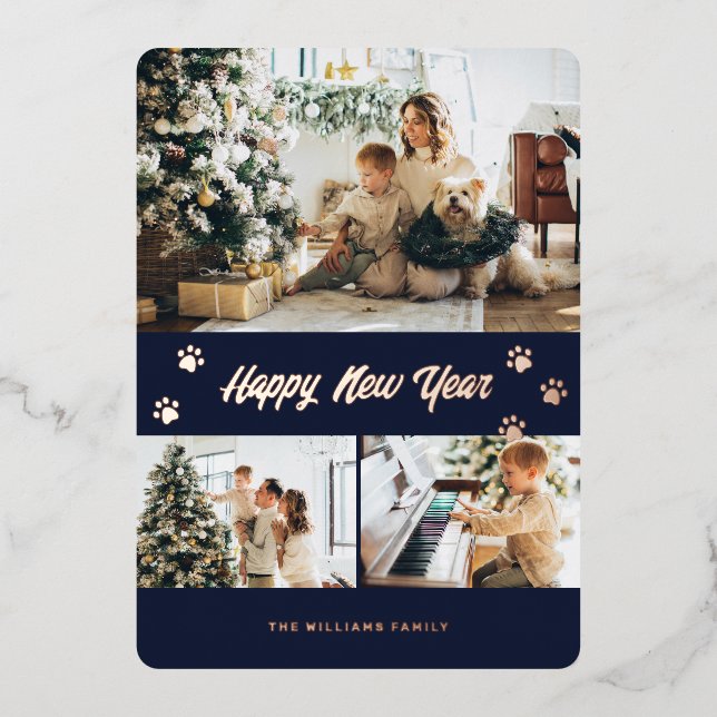 Elegant Photo Happy New Year Blue Rose Gold Foil Holiday Card (Front)