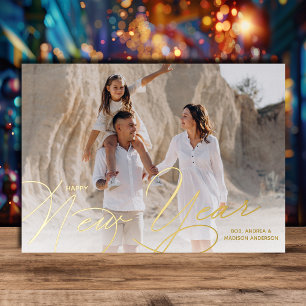 Elegant Photo Happy New Year Script Gold Foil Holiday Card