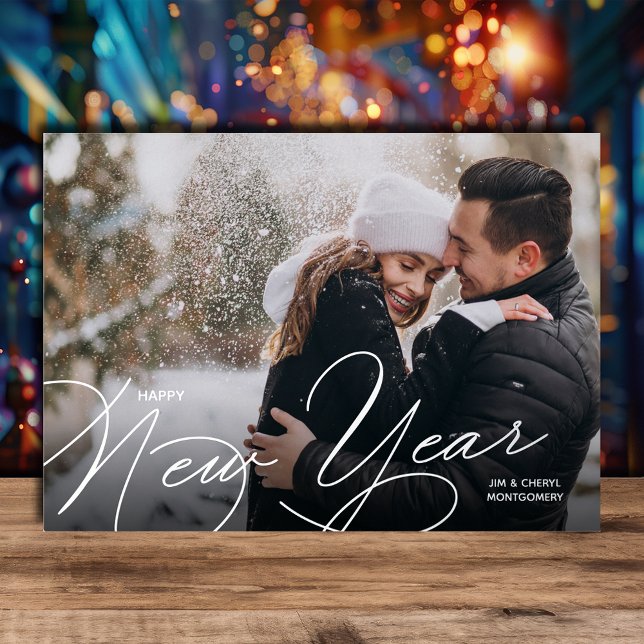 Elegant Photo Happy New Year Script Silver Foil Holiday Card (Happy New Year Script REAL Silver Foil Greeting Cards)