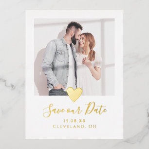Elegant Photo Heart Save the Date Real Gold Foil Invitation Postcard
