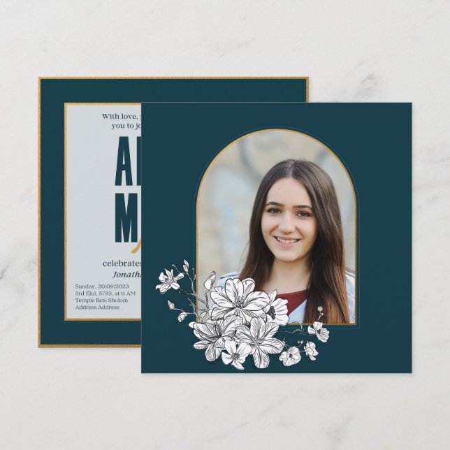 Elegant Photo Hebrew Bat Mitzvah Invitation (Front/Back)