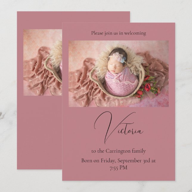 Elegant Photo Mauve Baby Birth Announcement Card (Front/Back)