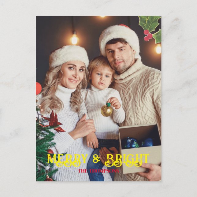 Elegant Photo Merry and Bright Christmas Holiday Postcard (Front)