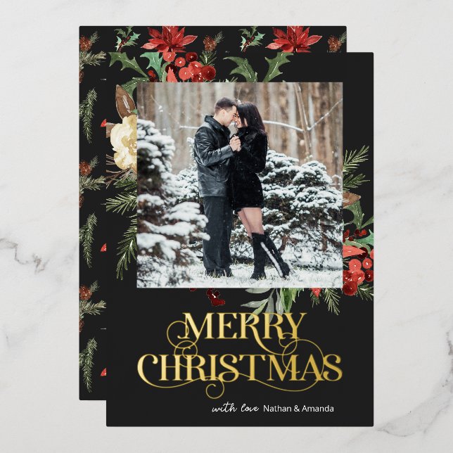 Elegant Photo Merry Christmas Foil Holiday Card (Front/Back)
