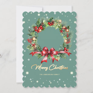 Elegant Photo Merry Christmas Holly Berries Wreath Holiday Card
