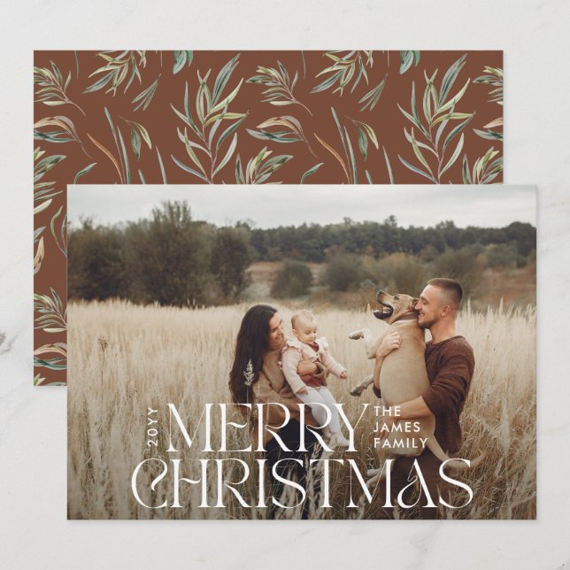 Elegant photo modern minimal natural botanical holiday card (Front/Back)