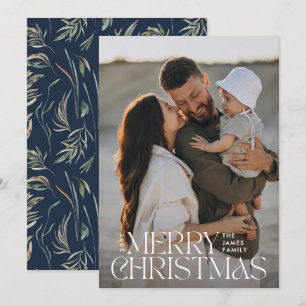 Elegant photo modern minimal navy blue botanical holiday card