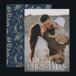 Elegant photo modern minimal navy blue botanical holiday card<br><div class="desc">Elegant photo modern minimal natural navy blue watercolor botanical typography Merry Christmas holiday flat card.</div>