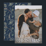 Elegant photo modern minimal navy blue botanical holiday card<br><div class="desc">Elegant photo modern minimal natural navy blue watercolor botanical typography Merry Christmas holiday flat card.</div>