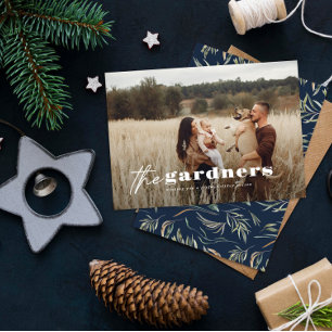 Elegant photo modern minimal navy blue botanical holiday card