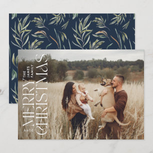 Elegant photo modern minimal navy blue botanical holiday card