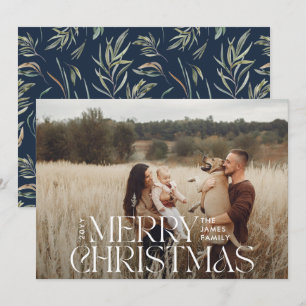 Elegant photo modern minimal navy blue botanical holiday card