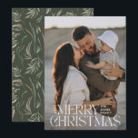 Elegant photo modern minimal olive green botanical holiday card<br><div class="desc">Elegant photo modern minimal natural olive green watercolor botanical typography Merry Christmas holiday flat card.</div>