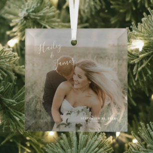 Elegant Photo Modern Newlywed First Christmas Glass Tree Decoration