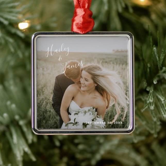 Elegant Photo Modern Newlywed First Christmas Metal Tree Decoration (Tree)