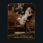 Elegant Photo Modern Wedding Magnet<br><div class="desc">Modern wedding favour magnet featuring a simple design with your names in an elegant handwritten script at the top left and your wedding details in right alignment at the bottom right, over your favourite photo. The chic hand lettering adds a romantic touch to this minimalist design. These magnets are great...</div>