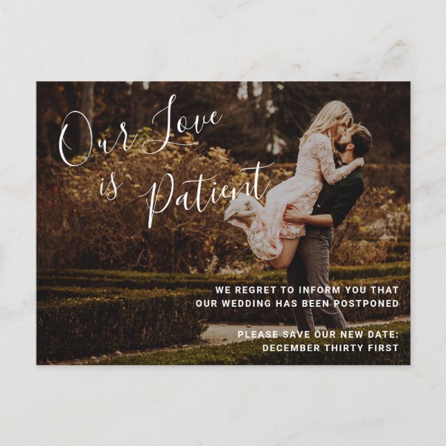 Elegant Photo Modern Wedding Postponement Announcement Postcard (Front)