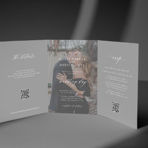 Elegant photo modern wedding RSVP details QR code Tri-Fold Invitation
