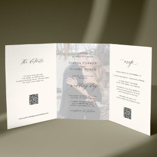 Elegant photo modern wedding RSVP details QR code  Tri-Fold Invitation