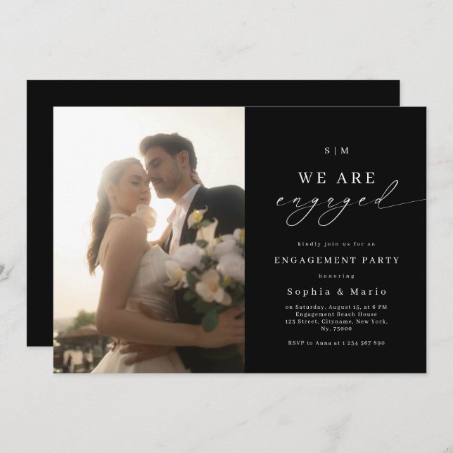 Elegant Photo & Monogram Black Engagement Party Invitation (Front/Back)