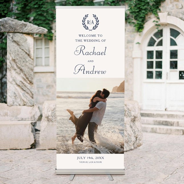 Elegant Photo Monogram Wedding Navy Cream Retractable Banner (Creator Uploaded)