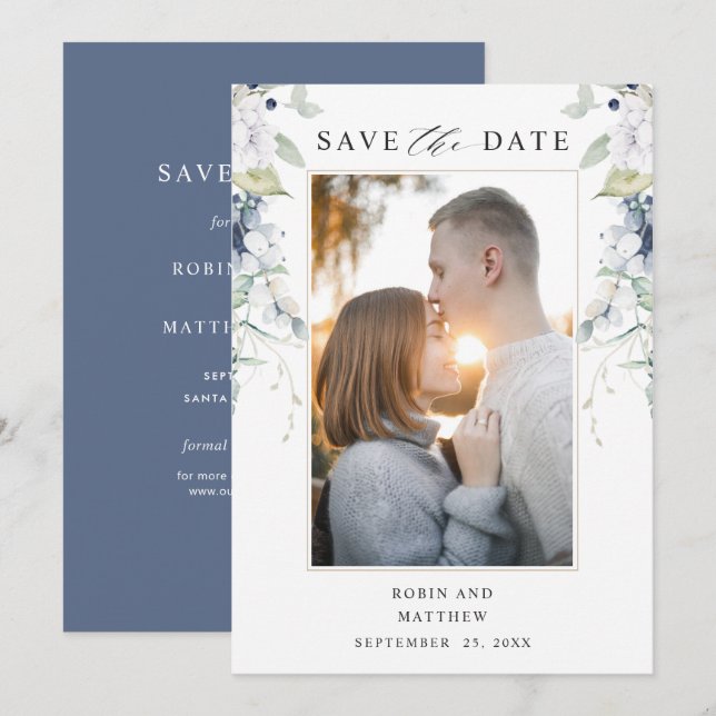  Elegant Photo, Navy and White Floral Wedding Save The Date (Front/Back)