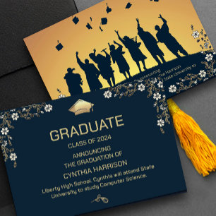 Elegant Photo Navy Blue and Gold Floral  Invitation