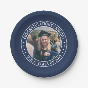 Elegant Photo Navy Blue and White Graduation Party Paper Plate