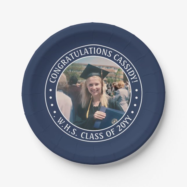 Elegant Photo Navy Blue and White Graduation Party Paper Plate (Front)